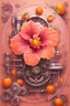 Placeholder: A complex 3D drawing of a steampunk pink hibiscus blooming among orange fruits, everything floating between orange juice, clear lines