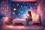 Placeholder: adorable girl, sitting, bedroom, shining stars, galaxy wall, imagination, dream, drawing, vivid colors