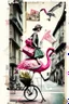 Placeholder: the woman rides on the back of a flamingo in the city center with a huge shopping bag, collage, stamp, old newsprint, pen, dry flower, ink, bizarre