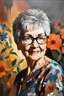 Placeholder: Oil paint on canvas, chiaroscuro, deep shadows, masterpiece, happy, 2020 caught off guard, 79-year-old Phyllis Kendall, short pixie-cut, shag-cut straight, dark salt and pepper hair, overweight, blue eyes, great big, round lensed eyeglasses, wearing a black, floral print, short-sleeved, pull-over shirt, dark blue sweatpants, sitting at the computer checking her emails