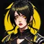 Placeholder: front face,profile picture,2dcg,anime art style,black and yellow color,princess hair cut ghoul biker lady,pure black color background,gore,violence,Decapitation,dismemberment,disturbing,Monster,guts,morbid,mutilation,sacrifice,butchery,meathooks,no hands,do not draw hands