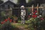 Placeholder: an old robot skull with half a manadeun finger and wears a old jazz suit but is actually a he is in such a place Night, flowers, garden, fence, distant cabin, impressionism painting by Theodore Robinson