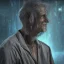 Placeholder: 3D animated render of a cyberpunk tribal old man, gray hair and goatee, on a dark blue jungle background, digital art