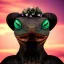 Placeholder: Black monitor lizard flower crown on head behind a sunset with bubbles