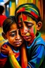 Placeholder: a girl hug her brother and both crying sadly, expressionism, Pixar style, in abstract art Basquiat, Picasso, Miro, Kandinsky, Klee, Birell, Fairey, Ardon, Buffet aand Picasso style, HD --s 750 --v 5.1 --style raw, water color