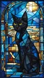 Placeholder: vitral de un gato negro egipcio a la luz de la luna, con fondo en tonos azules, celestes, en estilo cubista