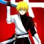 Placeholder: A Young badass adult with parted, short red hair holding a visible perfect katana with one arm in a fighting stance against an enemy and the other arm raised with one finger up surrounded by the spiritual pressure ANIME BLEACH lOGO by Tite Kubo