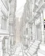 Placeholder: B/W outline art,coloring book page, full white, super detailed illustration for adult,"Narrow Passageways in an Ancient City", crisp line, line art, high resolution,cartoon style, smooth, law details, no shading, no fill, white background, clean line art, Sketch style.