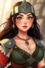 Placeholder: In a realistic, non-anime, vintage cartoon style: Bust shot of 35-year old, chubby Scandinavian dark-haired lady with green eyes and very thick lips who is dressed as a heroic and brave soldier princess, like Xena.