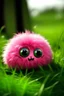 Placeholder: Tiny, round, fabulous pink creature, a ball of fluff with eyes, sitting on a blade of grass