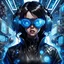 Placeholder: Choctaw hacker, slim pretty face, black hair, black jacket, blue-tinted goggles, hi-tech, futuristic, sci-fi, surrounded by her inventions, anime style