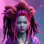 Placeholder: Pretty cyber woman, rasta hair, sci-fi, sweet face, black, natural, pink, geisha style, symmetric plane, neon style, a lot of led lights, fog, rain, leather coat, vibrant color, highly detailed, art stations, concept art, smooth, unreal engine 5, god rays, ray tracing, RTX, lumen lighting, ultra detail, volumetric lighting, 3d, finely drawn, high definition, high resolution.