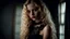 Placeholder: High resolution sharp focus closeup of a beautiful 17 year old caucasian girl with long curly blonde hair. She is wearing a black lace dress and a dainty black lace choker. Her dress is adorned with small red ribbons. She is in a dark candlelit bedroom. She is gazing at the viewer.