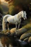 Placeholder: caballo blanco con pelaje prolijo, bebiendo agua en un arroyo con cascada y piedras, con fondo de arboles y un atardecer