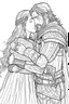 Placeholder: Fantasy coloring page, minimal detail. HD. Woman hugging a male knight with a beard. No background detail.