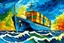 Placeholder: Oil painting in cezanne style of a containership in rough weather digital art