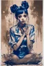 Placeholder: Poster in two gradually, a one side the Singer Melanie Martinez face, full body, sit pose, painting by Yoji Shinkawa, darkblue and sepia tones,sinister, detailed iridescent, metallic, translucent, dramatic lighting, hyper futuristic, digital art, shot with Sony Alpha a9 Il and Sony FE 200-600mm f/5.6-6.3 G OSS lens, natural light, hyper realistic photograph, ultra detailed -ar 3:2 -q 2 -s 750,malevolent goth vampire girl face and other side