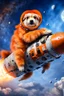 Placeholder: white and orange dog flies to the moon on top of the a rocket