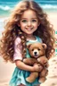 Placeholder: mage of hiper realistic 4-5 year old cute beauty girl With beach wavy dimensional melange hair. With deep real smiling green eyes and brow long hair. Holding a bear-toy. Near her to stay very cutte puppy