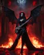 Placeholder: The Guitarist bat vampire,Full a length image Body fire flames Horror cinematography realistic Full body,creepy Vampire ghost woman long hair straddle up bat wings as an guitarist she on playing guitar electric heavy metal style,she standing on creepy,in night mystery burning palace vampire,red roses flowers and bats sorrounded background,dramatic angle, trypophobia