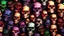 Placeholder: a picture of a dark, comedic, anatomically correct wall of colorful tightly packed skulls of varying sizes and expressions, photo realistic, insanely meticulous, highly detailed, part of a collection of bones on display, 64k, dystopian, vray