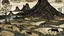 Placeholder: Dark brown dry mountains with tar pits designed in native American petroglyphs painted by Wassily Kandinsky