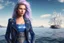 Placeholder: half body shot,realistic portrait of a 20-25 old caucasian model, long blue pink flowing hair, great grey eyes, blue leather jacket,full body, short white skirt,long legs,standing on deck of very big ship, beach of very nice lake with sunset ,clouds,godrayes