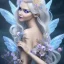 Placeholder: Fantasy fairy with transparent wings, smiling, make up, long platinum blond hair with crown and flowers, blue dress