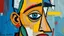 Placeholder: random abstract painting, flat brush strokes, palette knife, hyperdetailed oil on canvas, triking abstract cubist Picasso style design with trings tape brightly colored impasto oil paintings and rusty metal pieces and glass, one eyes white a head two curved. Cubism breaks objects into geometric shapes. presence, picasso, botero and steve mac curry style