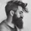 Placeholder: moody tiny charcoal side profile portrait of a bearded man, smudged charcoal, side on profile, charcoal portrait, artistic black and white profile portrait, delicate, highly detailed, chiaroscuro, beautiful composition, delicate arrangement, aesthetic, soft lighting, tender