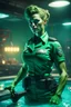 Placeholder: portrait of green muscular super mutant police woman cook in uniform in cyan pool in fallout 4 setting, bokeh, downlight, prize winning, depth of field, in the style of ivo caprino, backlight, aura