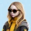 Placeholder: Girl with long wavy brown blond hair, yellow eyes. Wears Hogwarts Hufflepuff uniform, sunglasses with a yellow clip. She has a snowy owl with yellow eyes on her shoulder.