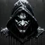 Placeholder: 3D emblem, a Grime made of black mud, in a hood, dirt drips from the shoulders, a gloomy look, joker smile, simple background, photorealistic.