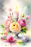 Placeholder: MAGIC A PYRAMID CANDLE IS BURNING AROUND WONDERFUL FLOWERS English watercolor, Smoky cream, pale gray, pale pink, pink background. bright light, a bouquet of roses on the table are pale pink, pale bordeaux, white, ochre. green stems, the light is translucent. Watercolor, fine ink drawing, peonies in an hourglass, elegant gold inlay, rich interior rose of the valley, leaves, nature, beautiful raindrops, beautiful fog, over a beautiful rainbow, fantasy, romantic dreamy mood, special attractions