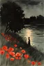 Placeholder: Night, one woman, distant house, red flowers, river, gothic horror films influence, winslow homer watercolor paintings