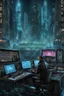 Placeholder: cyberpunk programmer black_Cat-human hybrid_Typing_on_computer_background binary codes, surrounded_by_mindent_3D_binary matrix codes and neutron mesh_etheral, Paranoid_sci-fi_in background_a_tall_cyberpunk_city, the cat hacker watchings monitor, Hyperrealistic texture, high detail, Sinister, cold dynamic lighting, dark-neon colors, Ultra_HD_intense_focus