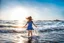 Placeholder: a 10 years old girl standing in seaside ,wavy water ,splash