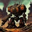 Placeholder: 90's fantasy tcg art of a giant junk mech made of multiple parts in the ruins of a post apocalyptic sludge junkyard firing a a machine gun