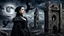 Placeholder: goth theme with victorian style woman, sharp focus, realistic, two raven, tower, ruin, moon, darkness, detalied materials, old wall, mystic, dark fantasy