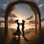 Placeholder: Hyper Realistic shadow-silhouette of a romantic couple-dancing behind a romantic sunset & with a wooden-arch with cloudy sky on mountain-top with leaves-whirling-&-breeze-blowing-tall-grass showing dramatic-romantic-&-cinematic-ambiance