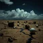 Placeholder: Photograph, objects scattered over an arid surface, night, clouds, tv studio, nothingness, close-up, in Yves Tanguy style, nightmare, highly hypermaximalist, details of the terrain very accentuated, 8k, deep 3d field, sharp, eerily mysterious, artistic photo, large format film, shot on Hasselblad, 33mm photography, mysterious, dark, rotten, macabre, streams of black liquid