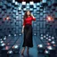 Placeholder: make a picture pretty stage made of metallic blue-gray teme 3d recursive cubic and sphere base structures and a beautiful fashion model lady posing with cute in black and white and the scene is in color,with dark red top and pretty pleated midi skirt ,makeup curvy long hair,dynamic camera zoom to full body and pan, dynamic lights.