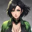 Placeholder: Alluring female survivor, dark eyeshadow, Angry And Arrogant, Shocked, black choker, green bodysuit, jacket, anime style