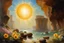 Placeholder: sunny day, planet in the sky, rocks, flowers, cliffs, sci-fi, friedrich eckenfelder and william turner impressionism paintings