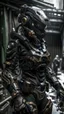 Placeholder: black armed female figure in sci-fi battle armor with cybernetic helmet, aiming on one knee, mask, sci-fi visor, bald head, armed figure, weapon in hand, aiming, plate armor, insulated armor, spacesuit, lots of small details, sci-fi movie style, on a ruined city street, overcast, photography, bokeh like f/0.8, tilt-shift lens 8k, high detail, smooth render, down-light, unreal engine