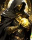 Placeholder: black and white grim reaper with gold runes around the cloak, gold chains around the arms, a black scythe with white runes and a gold crystal and a black book with gold highlight