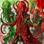 Placeholder: Lovecraftian Cthulhu bagpipers, dramatic, horror, by Jonathan Meese, 2D oil painting, red hues