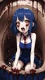 Placeholder: Anime girl with big eyes, darkblue and sepia tones, fullbody, slime, the perspective looking up from the bottom of an empty well, rolling eyes, tongue out, blood drip, open mouth,