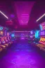 Placeholder: A dark photo of a full panoramic view an 80's aesthetics arcade at night, with a lot of functioning arcade machines, a vaporwave floor and some colorful tiles in between the floor. Purple aesthetics. Full panoramic view.