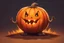 Placeholder: круглая тыква с прорезанной ухмылкой и горящим изнутри оранжевым светом. Маленькое существо в заляпанном землей фартуке, в стиле Stardew Valley